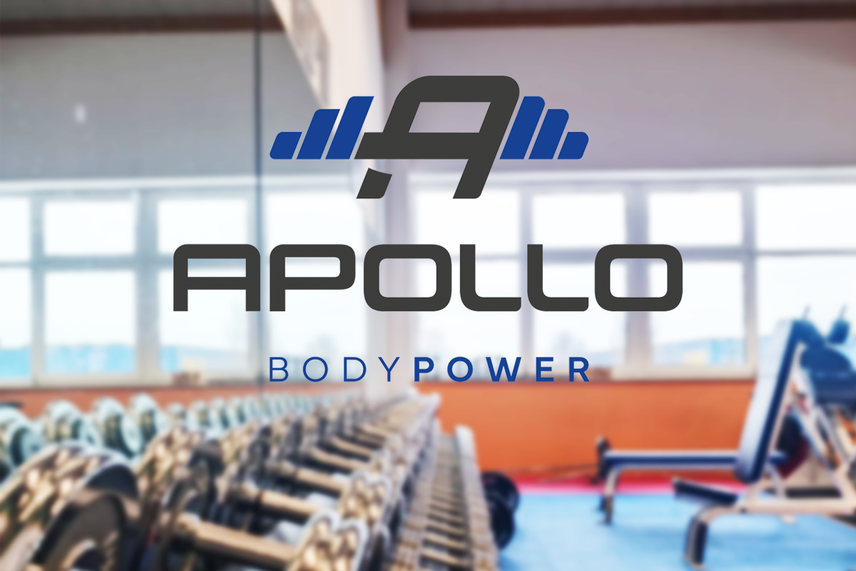 Logo des APOLLO BODYPOWER Fitnessstudio mit Hanteln im Hintergrund